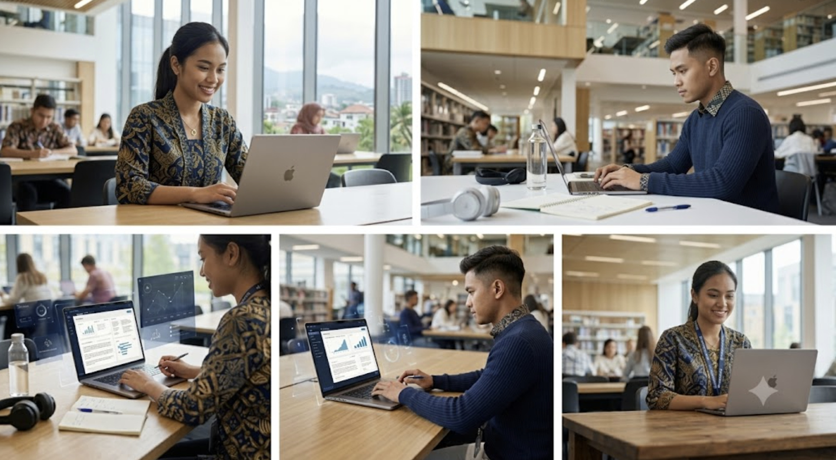 Siswa belajar di perpustakaan dengan laptop